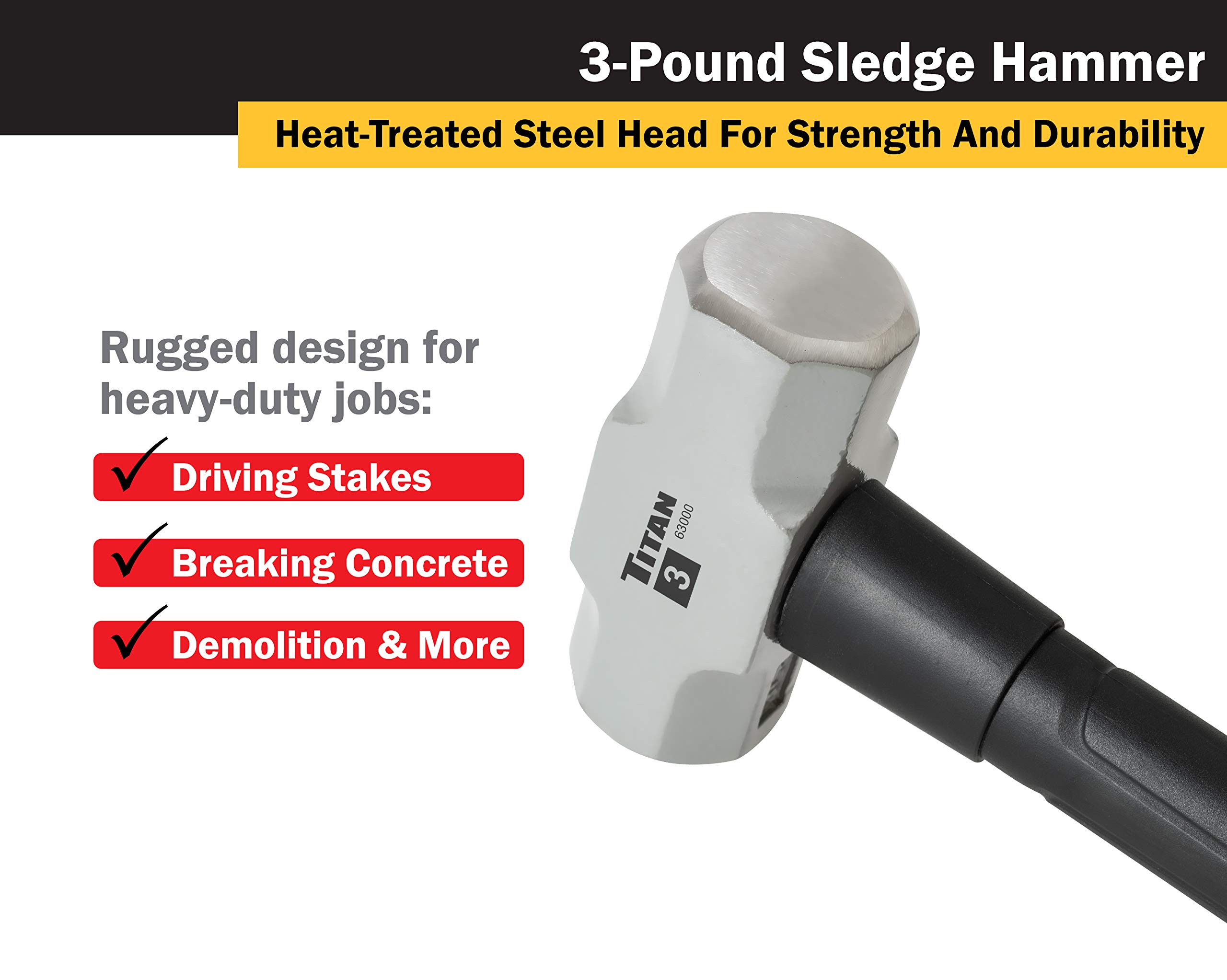 Titan 63000 3lb Sledge Hammer, Forged Steel Head, Overstrike